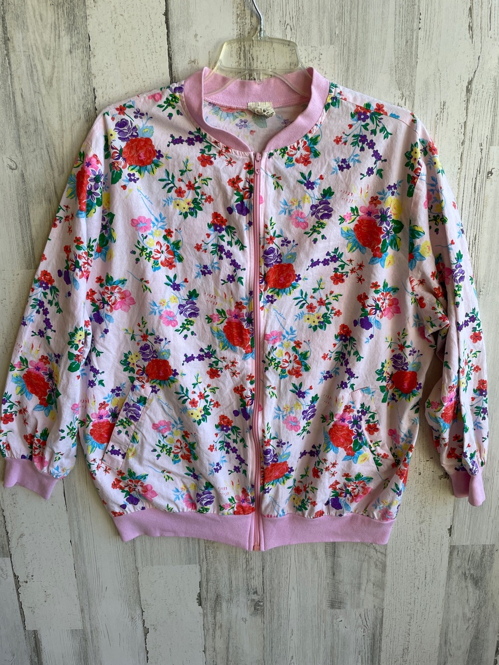 Vintage Floral Pink Zip-Front Thin Cotton Bomber Jacket SZ L - Picture 2 of 9